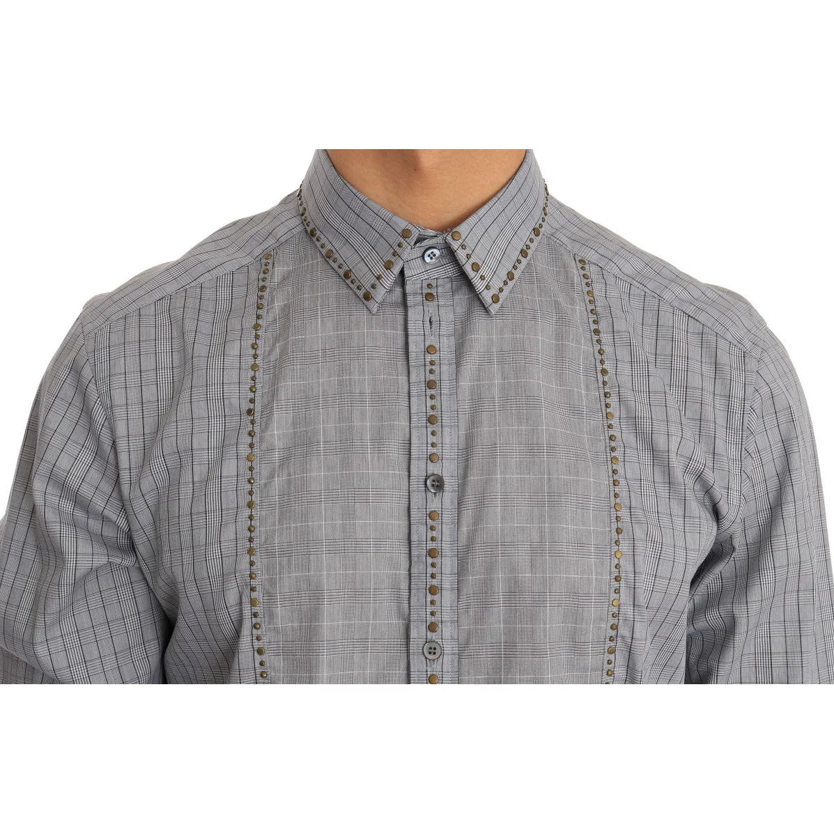Dolce & Gabbana Slim Fit Gray Check Gold Mens Shirt Authentic