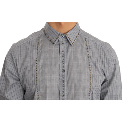 Dolce & Gabbana Slim Fit Gray Check Gold Mens Shirt Authentic
