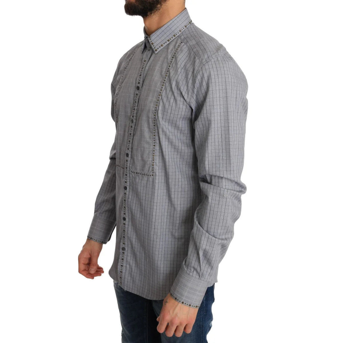 Dolce & Gabbana Slim Fit Gray Check Gold Mens Shirt Authentic