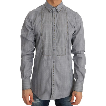 Dolce & Gabbana Slim Fit Gray Check Gold Mens Shirt Authentic