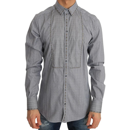 Dolce & Gabbana Slim Fit Gray Check Gold Mens Shirt Authentic