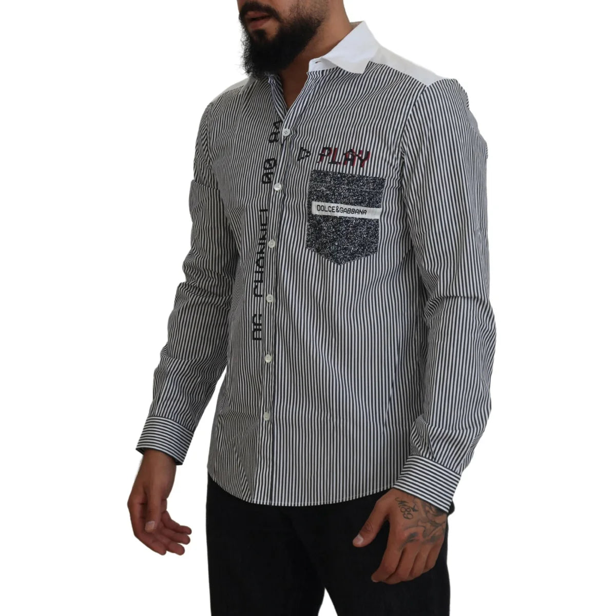 Dolce & Gabbana Slim Fit White Striped Gray Shirt