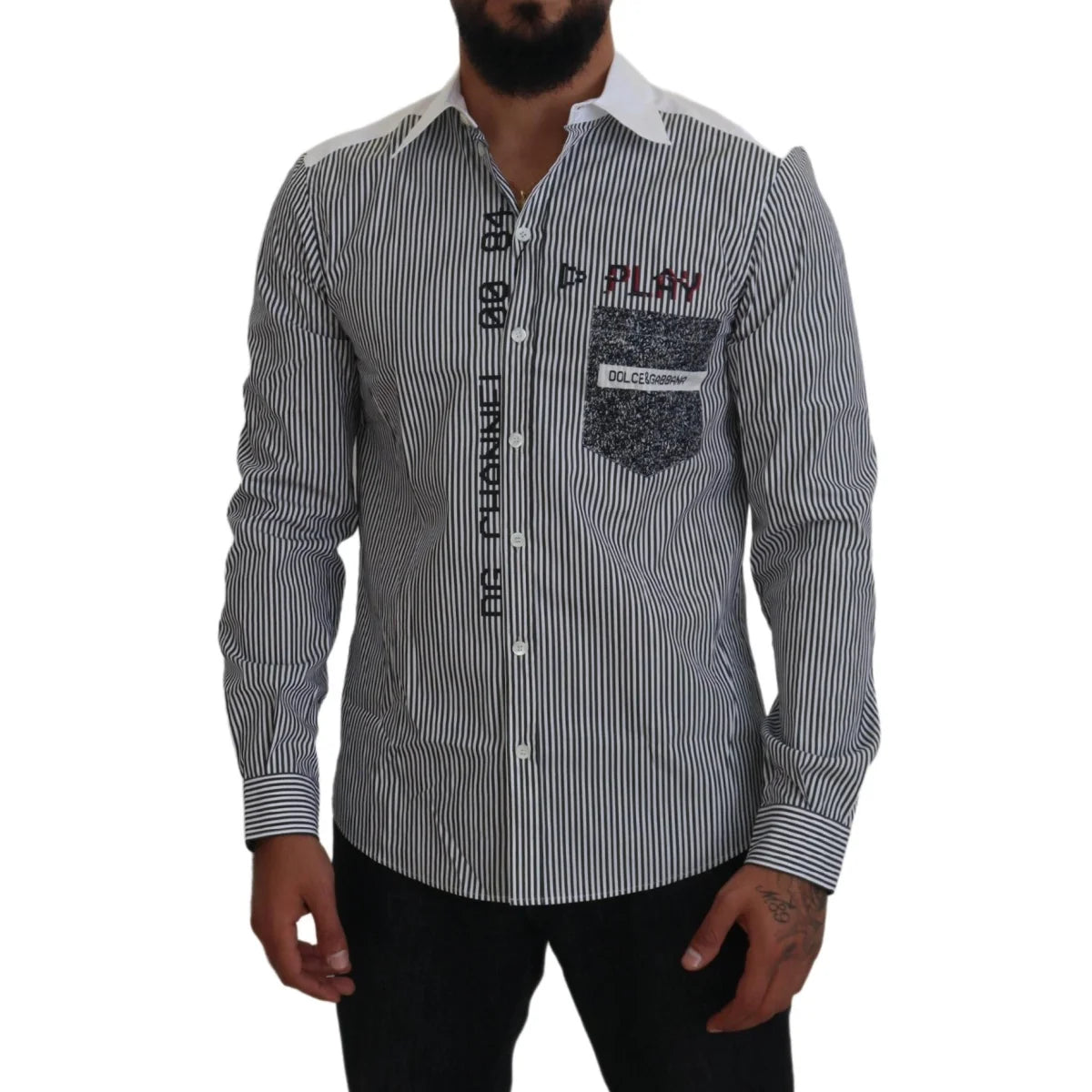 Dolce & Gabbana Slim Fit White Striped Gray Shirt
