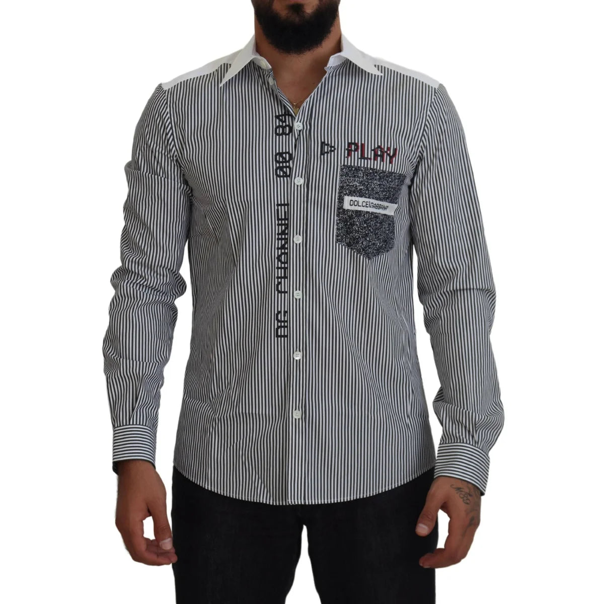 Dolce & Gabbana Slim Fit White Striped Gray Shirt
