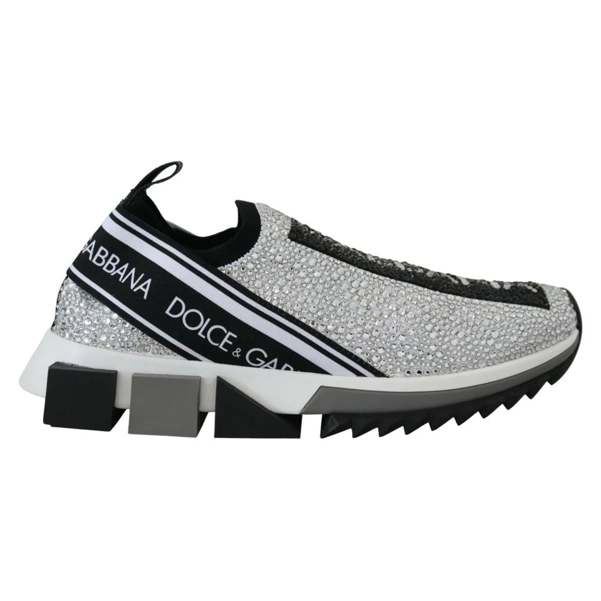 Dolce Gabbana Sorrento Sneakers Silver Rhinestones Ridged Rubber Sole &