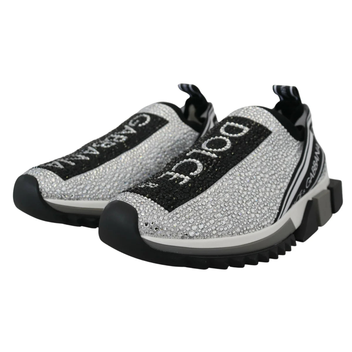Dolce Gabbana Sorrento Sneakers Silver Rhinestones Ridged Rubber Sole &