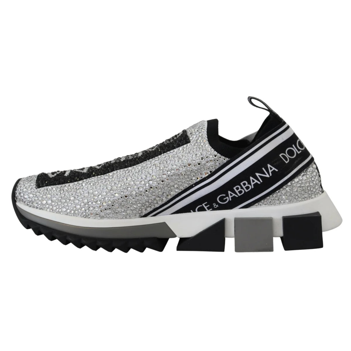 Dolce Gabbana Sorrento Sneakers Silver Rhinestones Ridged Rubber Sole &