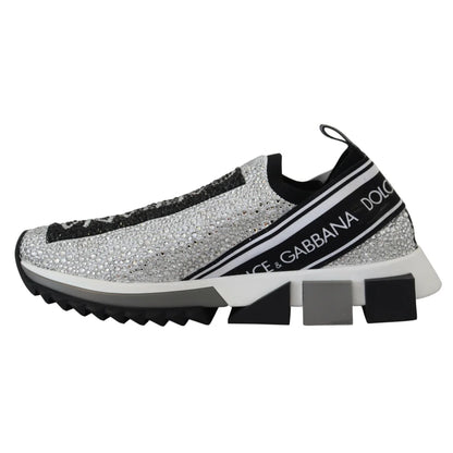 Dolce Gabbana Sorrento Sneakers Silver Rhinestones Ridged Rubber Sole &