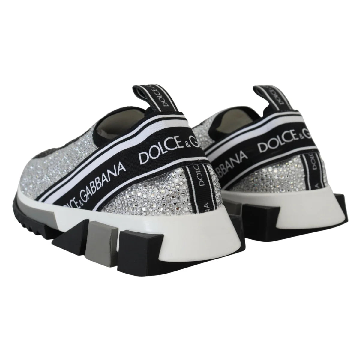 Dolce Gabbana Sorrento Sneakers Silver Rhinestones Ridged Rubber Sole &