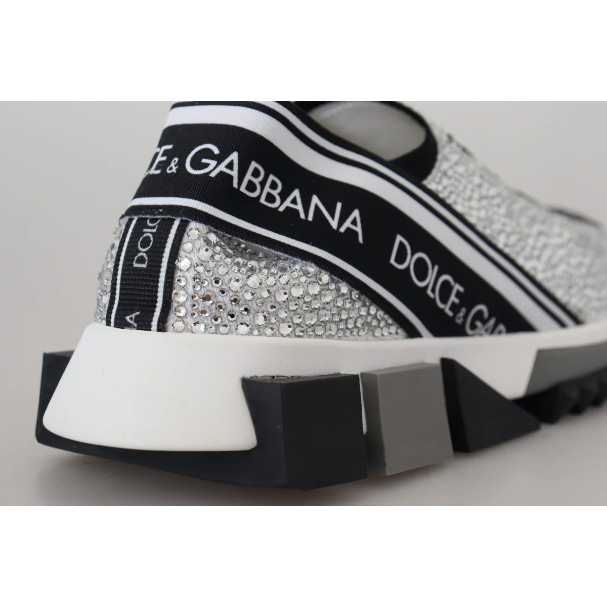 Dolce Gabbana Sorrento Sneakers Silver Rhinestones Ridged Rubber Sole &