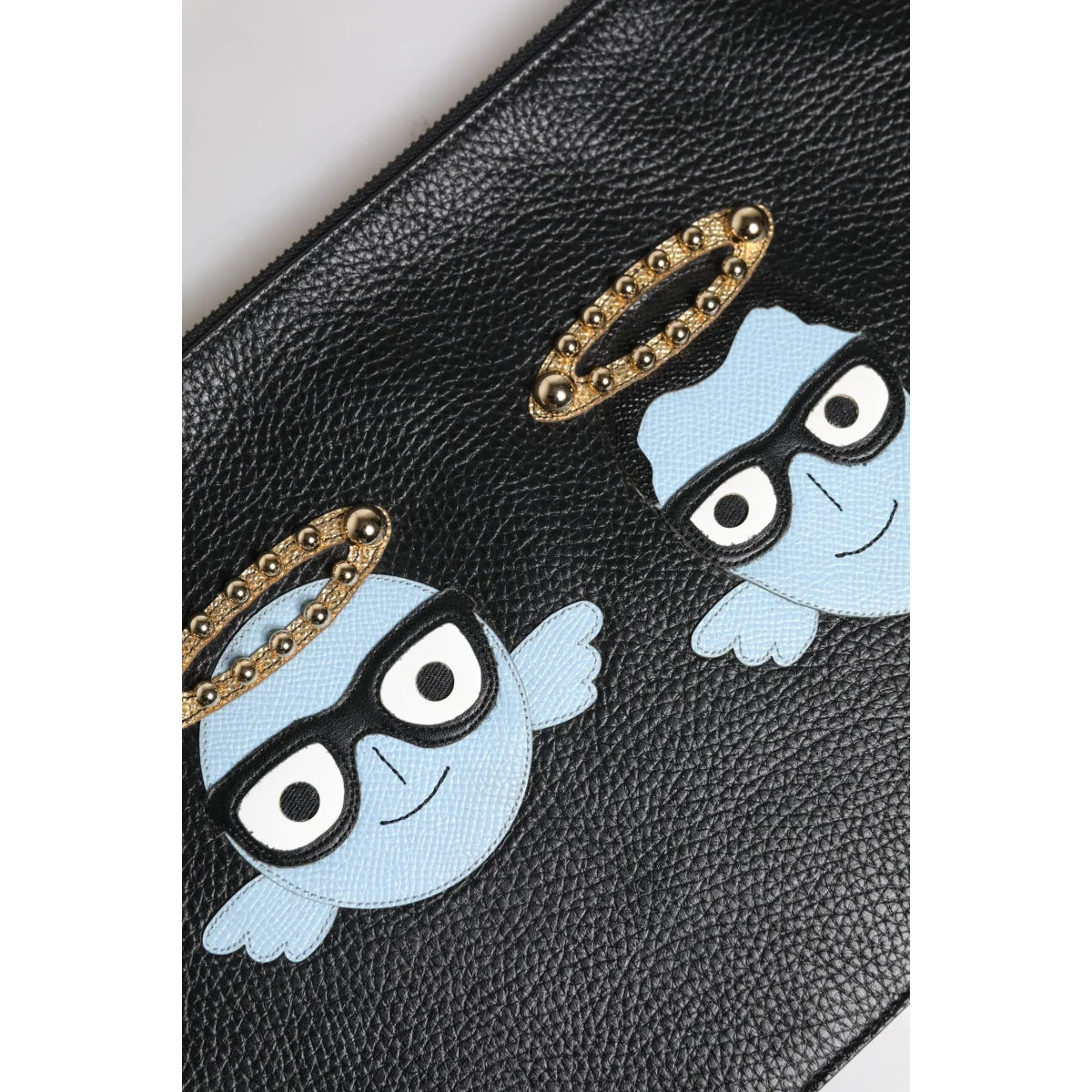 Dolce Gabbana Stud Detailing Graphic Leather Pouch Bag Black &