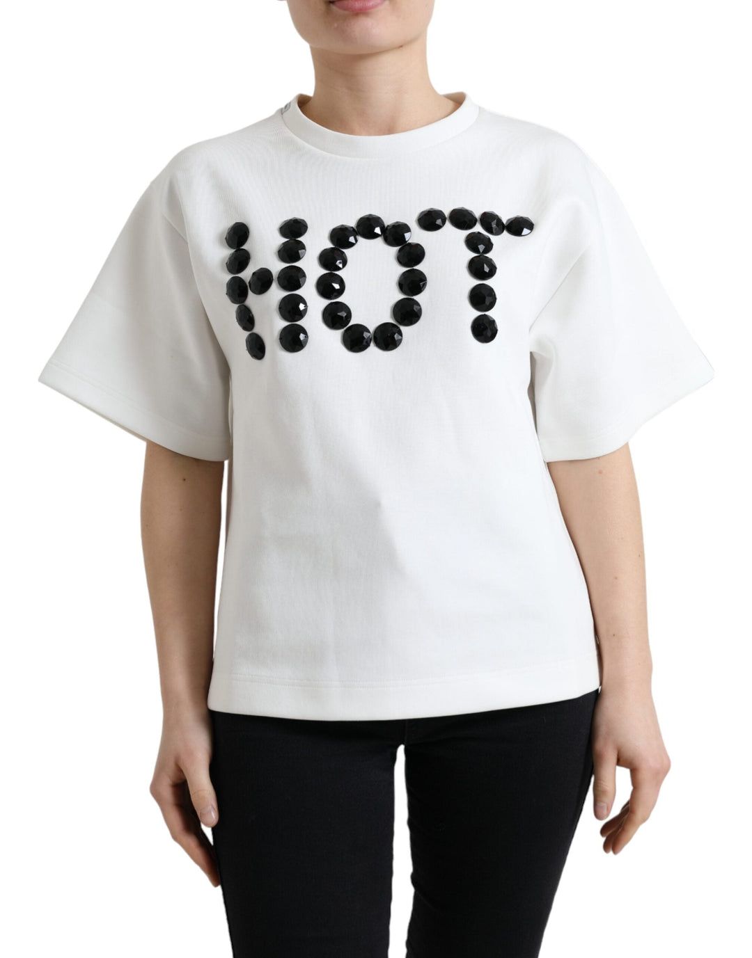 Dolce &amp; Gabbana - T-shirt White Cotton Stretch Black HOT Crystal