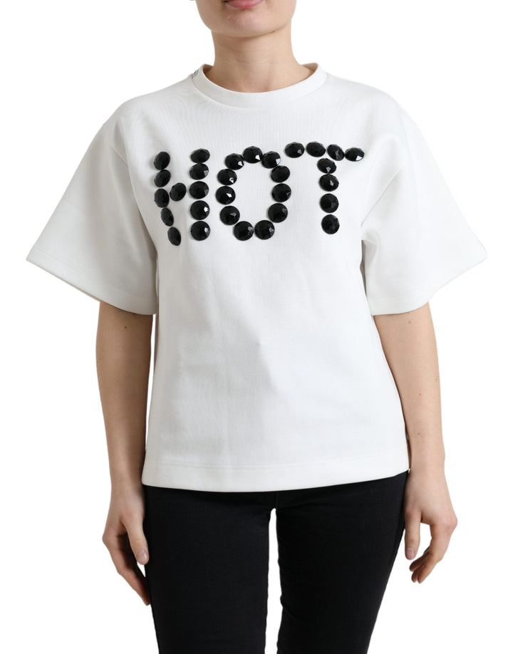 Dolce &amp; Gabbana - T-shirt White Cotton Stretch Black HOT Crystal