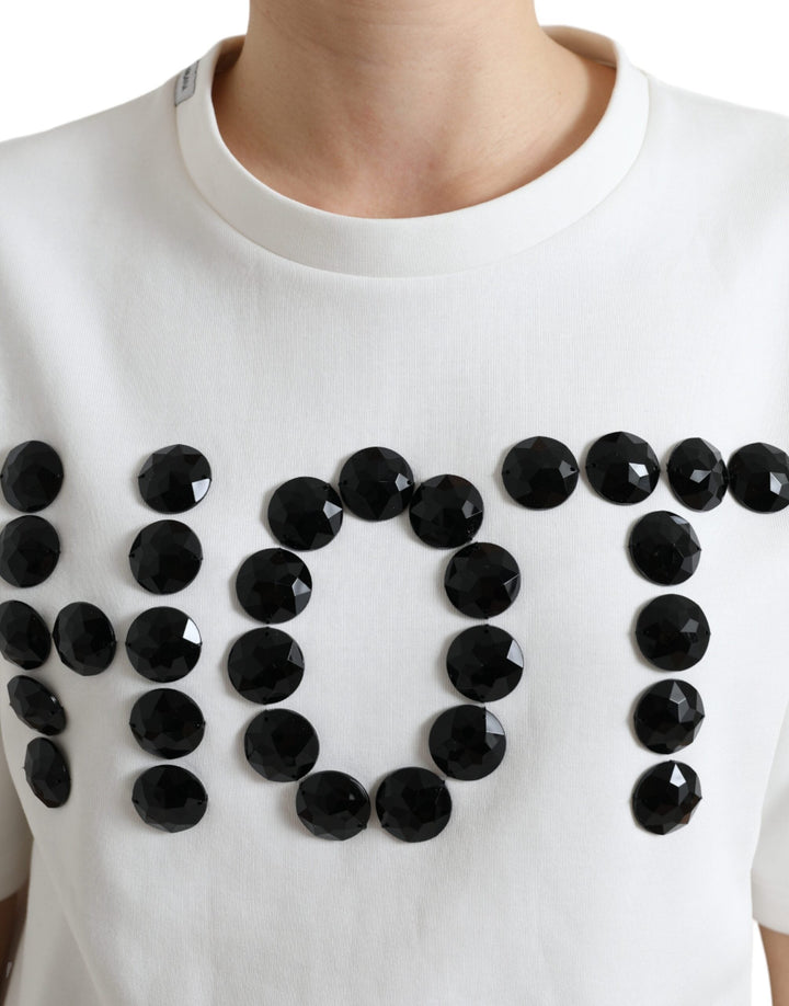 Dolce &amp; Gabbana - T-shirt White Cotton Stretch Black HOT Crystal