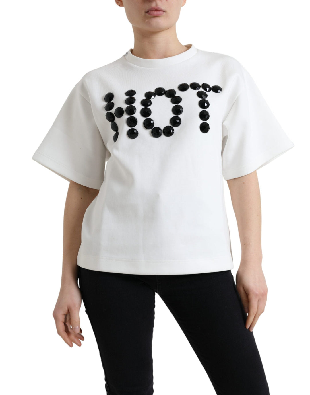 Dolce &amp; Gabbana - T-shirt White Cotton Stretch Black HOT Crystal