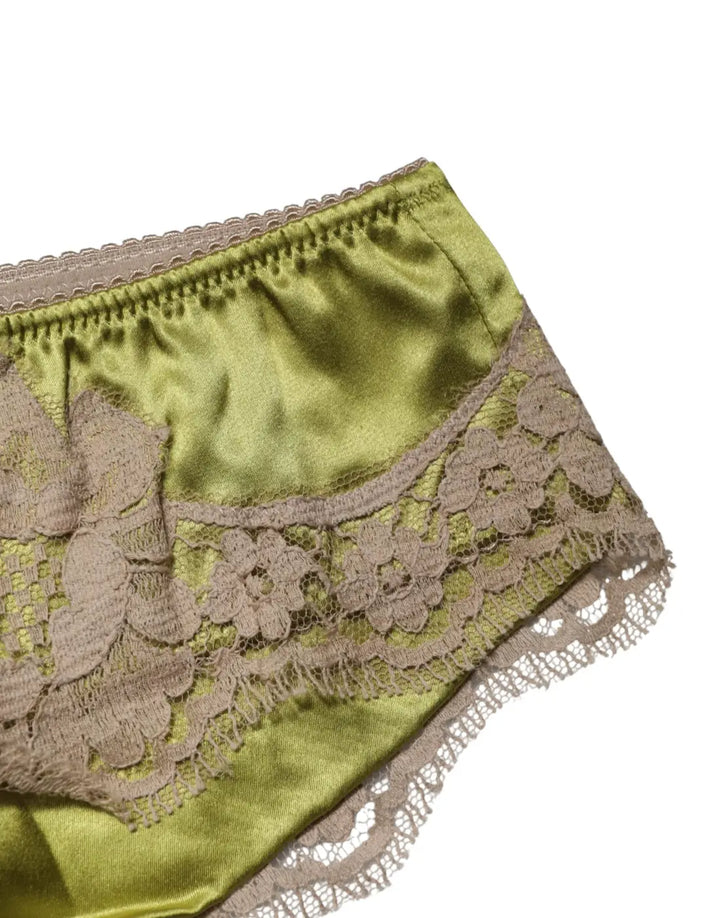 Dolce &amp; Gabbana Underwear Green Silk Satin Floral Lace Panty Brief