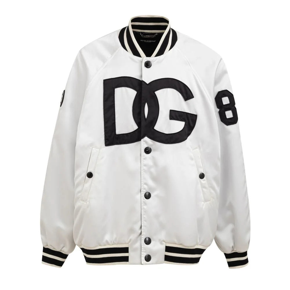 Dolce Gabbana Varsity Bomber with Embroidered Logo and Striped Trim &