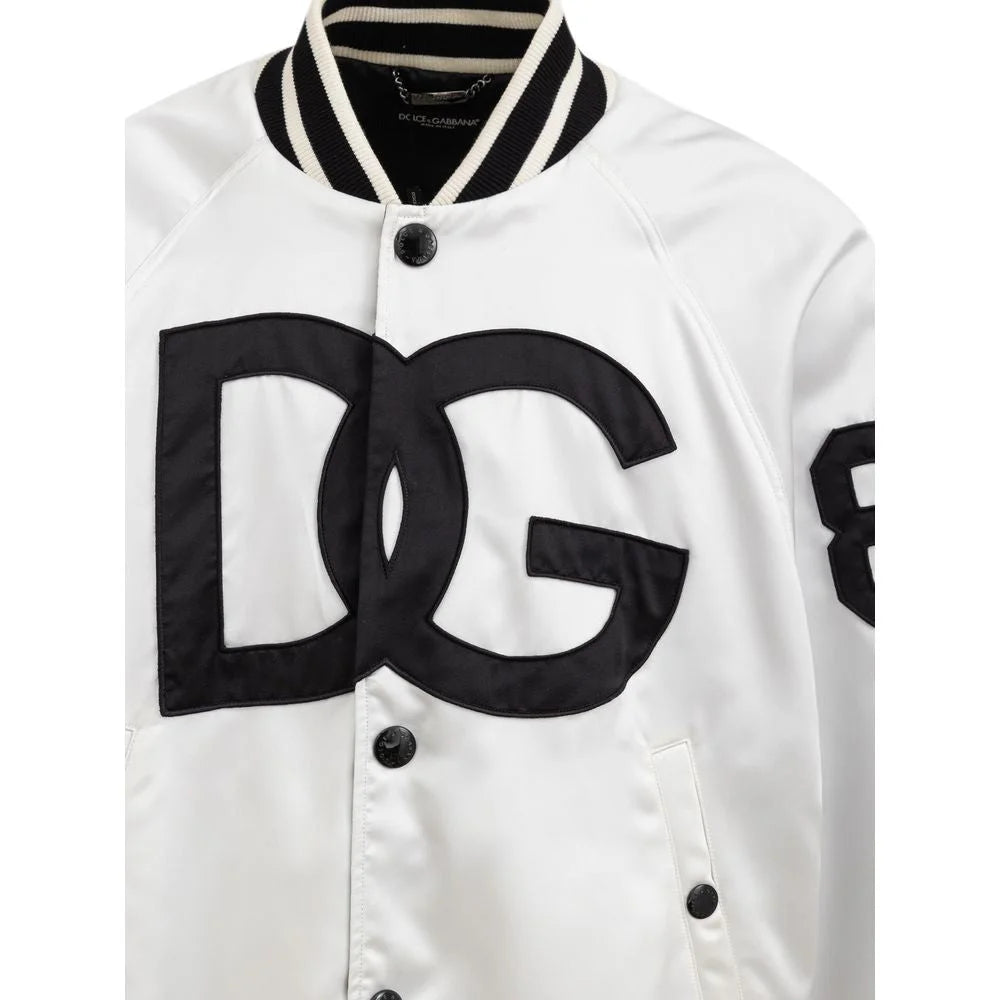Dolce Gabbana Varsity Bomber with Embroidered Logo and Striped Trim &