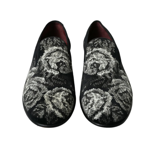 Dolce Gabbana Velvet Floral Slippers with Leather Outer Sole &
