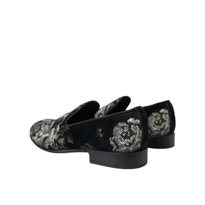 Dolce Gabbana Velvet Floral Slippers with Leather Outer Sole &