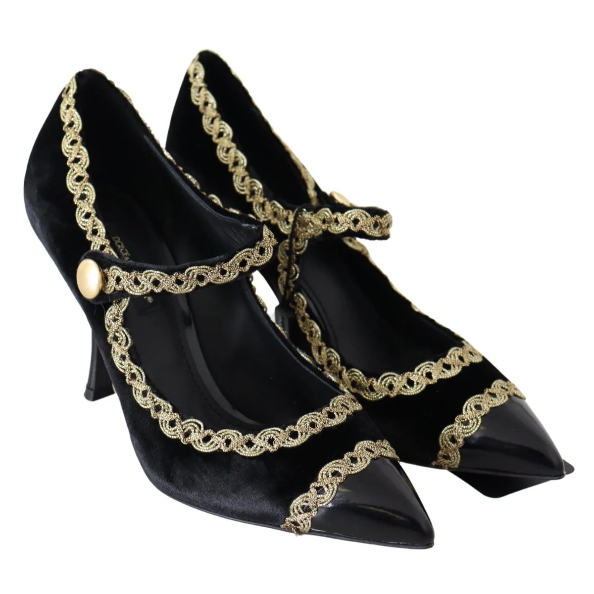 Dolce Gabbana Velvet Mary Janes Pumps with Gold Embroidery &