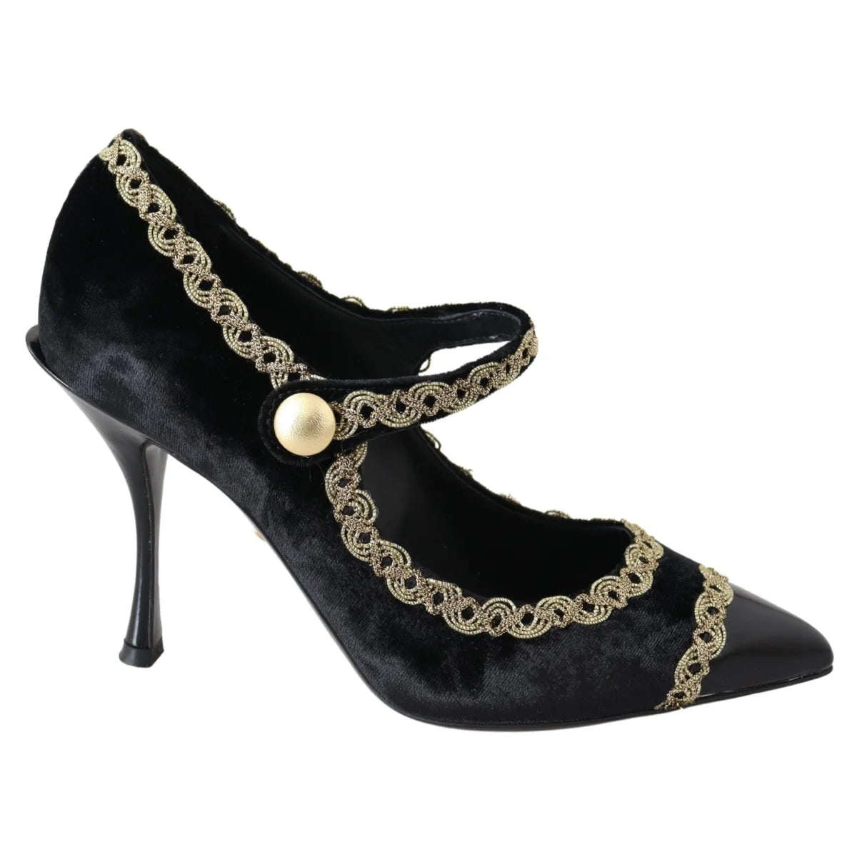 Dolce Gabbana Velvet Mary Janes Pumps with Gold Embroidery &
