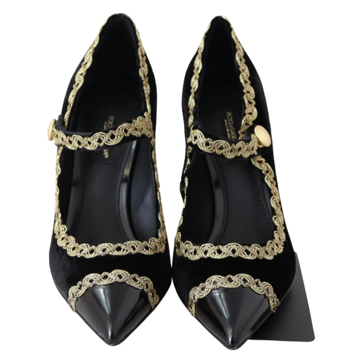 Dolce Gabbana Velvet Mary Janes Pumps with Gold Embroidery &
