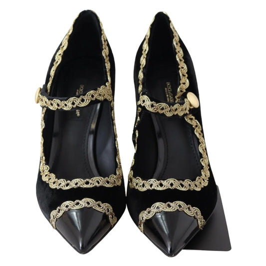 Dolce Gabbana Velvet Mary Janes Pumps with Gold Embroidery &