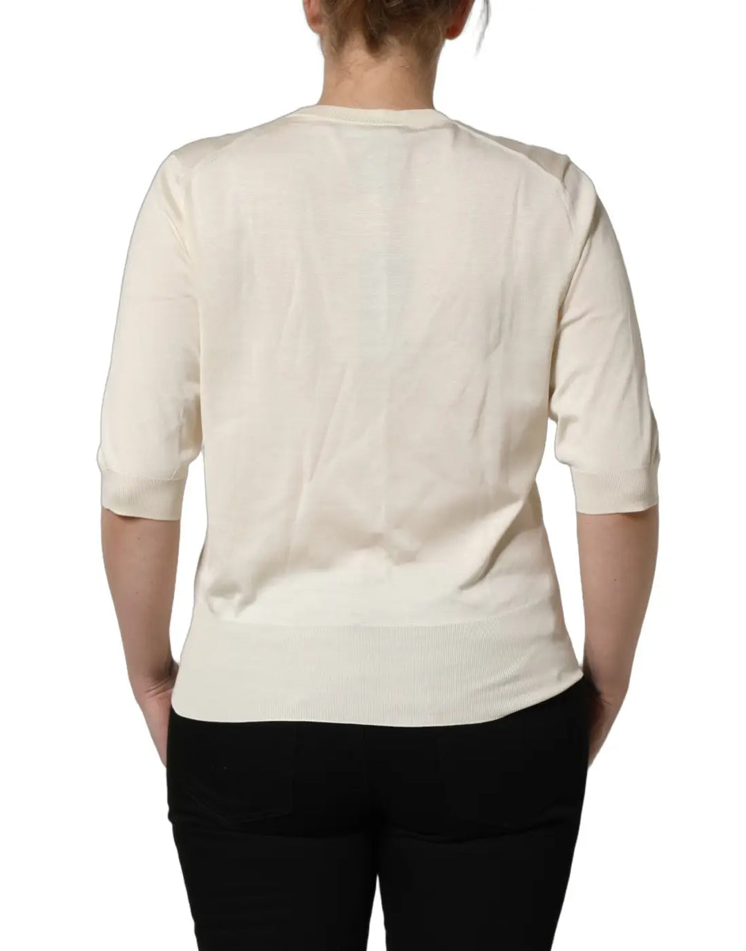 Dolce &amp; Gabbana Off White 3/4 Sleeves Crewneck Pullover Sweater