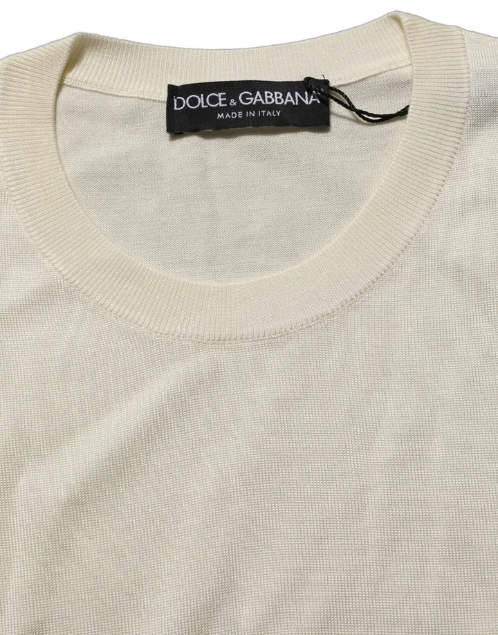 Dolce &amp; Gabbana Off White 3/4 Sleeves Crewneck Pullover Sweater