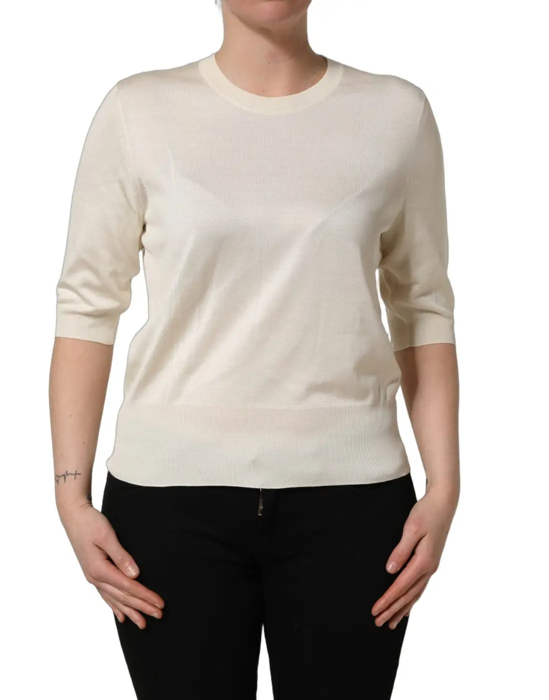 Dolce &amp; Gabbana Off White 3/4 Sleeves Crewneck Pullover Sweater