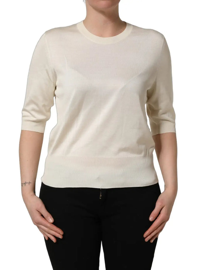 Dolce &amp; Gabbana Off White 3/4 Sleeves Crewneck Pullover Sweater