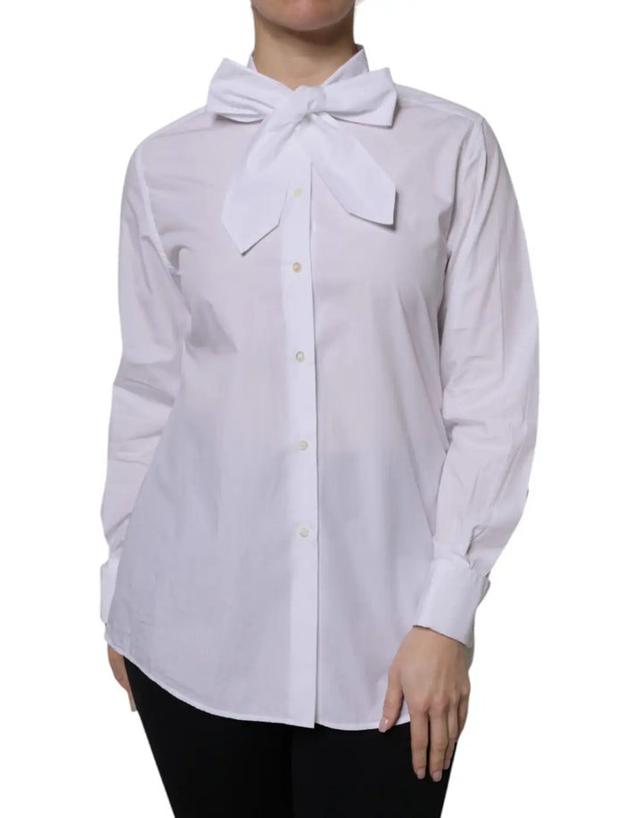 Dolce &amp; Gabbana White Ascot Collar Long Sleeve Blouse Top