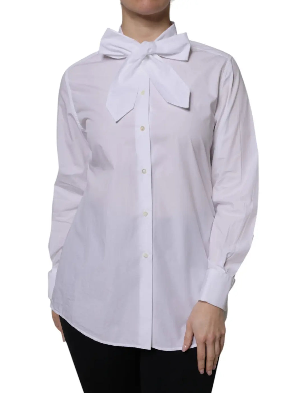 Dolce &amp; Gabbana White Ascot Collar Long Sleeve Blouse Top