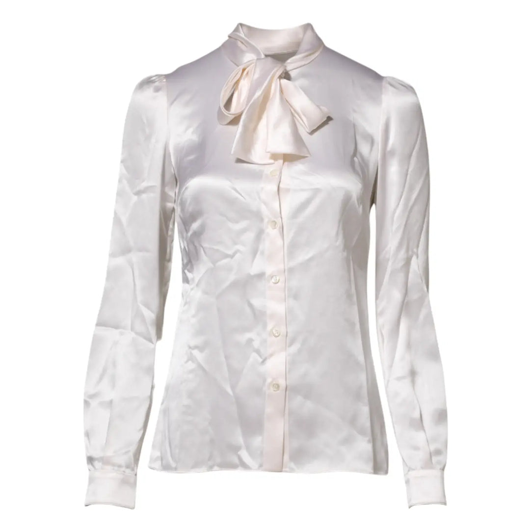 Dolce &amp; Gabbana White Ascot Collar Long Sleeve Blouse Top