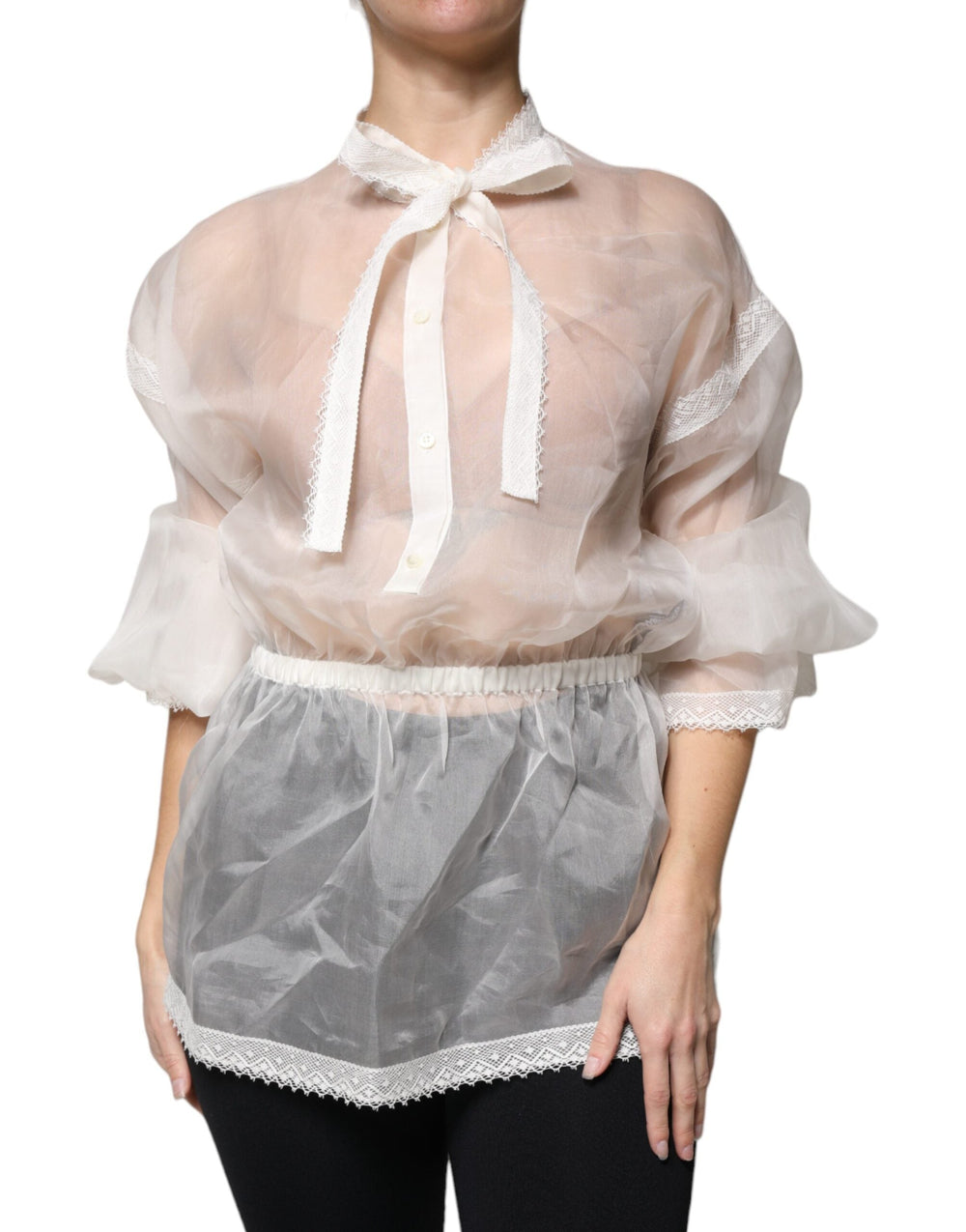 Dolce & Gabbana Blouses - Women’s White Ascot Collar Long Sleeves Blouse Top