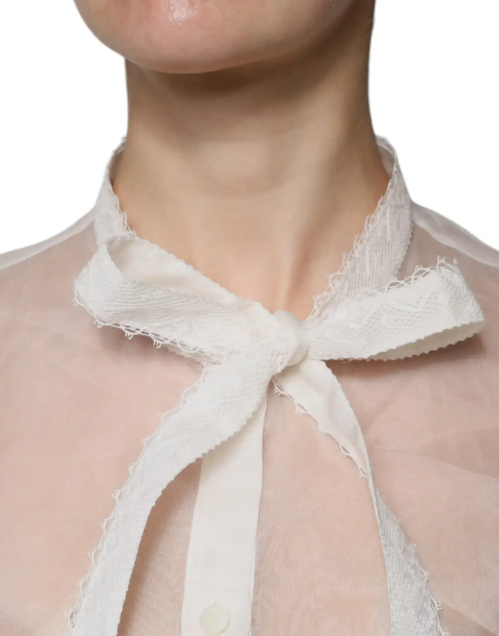 Dolce &amp; Gabbana White Ascot Collar Long Sleeves Blouse Top