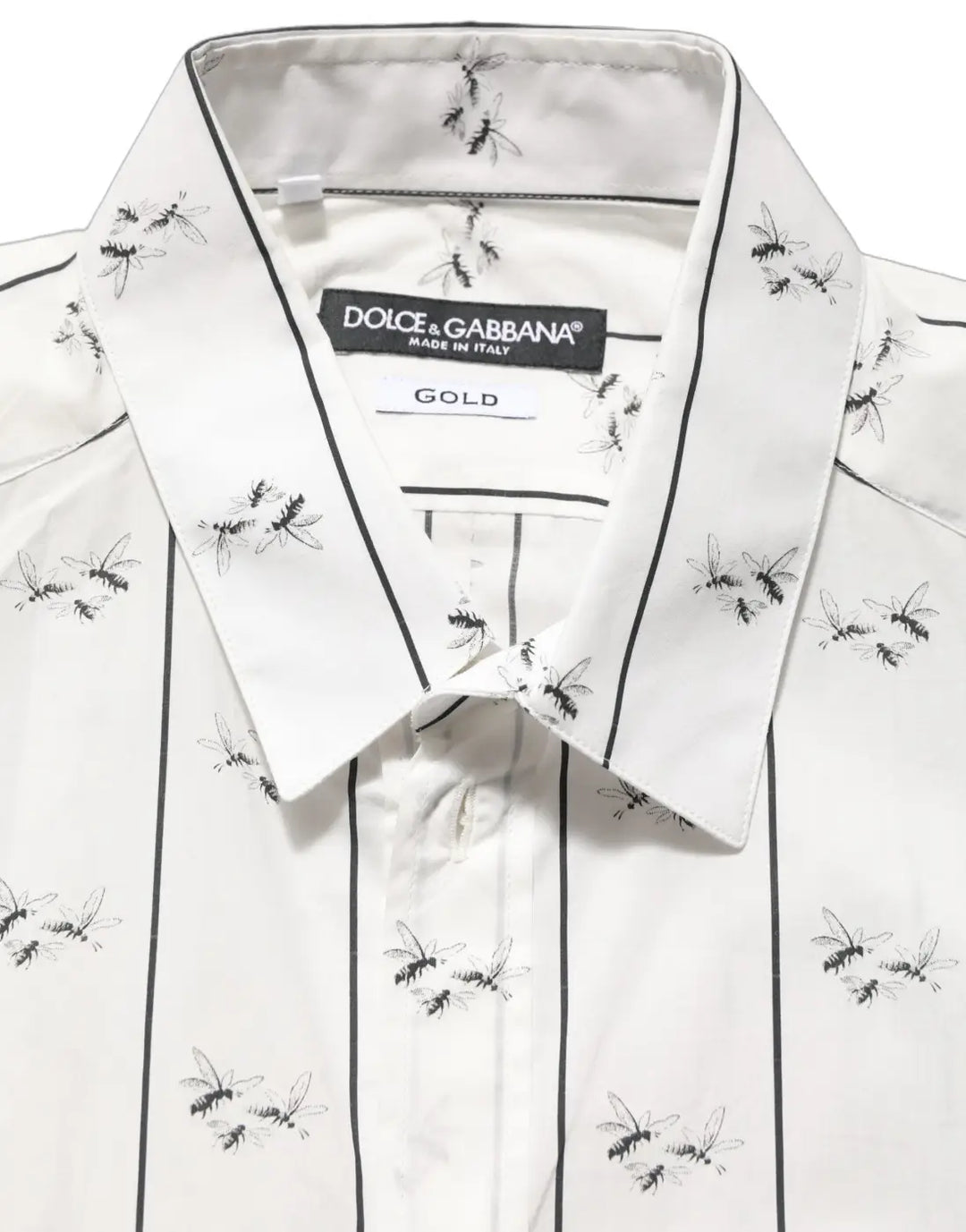 Dolce &amp; Gabbana White Bee Print Cotton Gold Fit Dress Shirt