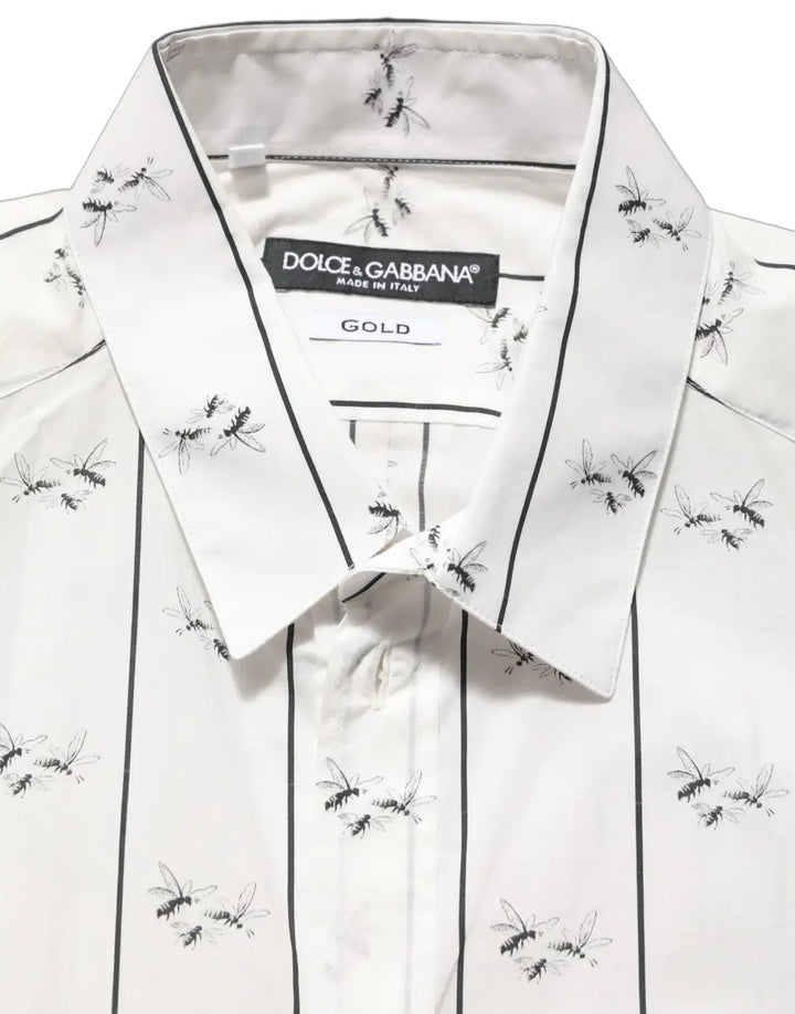 Dolce &amp; Gabbana White Bee Print Cotton Gold Fit Dress Shirt