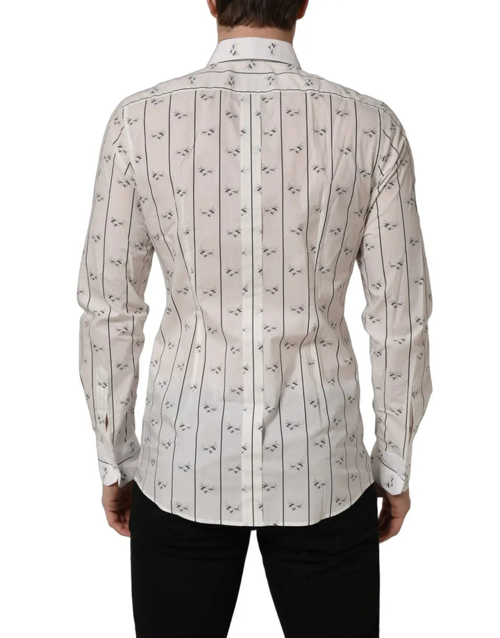 Dolce &amp; Gabbana White Bee Print Cotton Gold Fit Dress Shirt