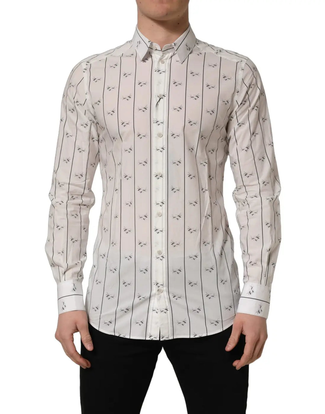 Dolce &amp; Gabbana White Bee Print Cotton Gold Fit Dress Shirt
