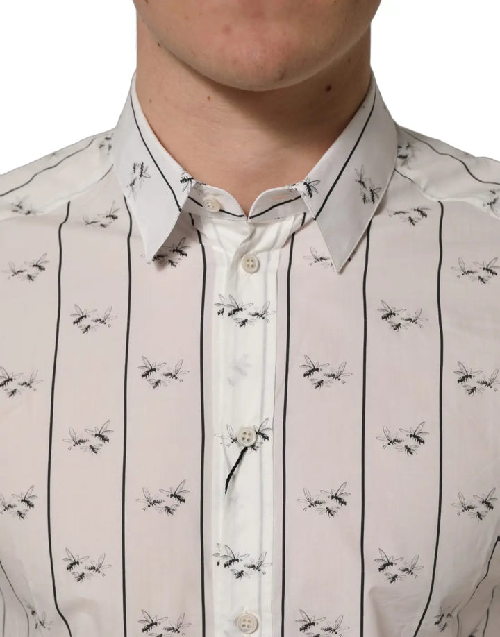 Dolce &amp; Gabbana White Bee Print Cotton Gold Fit Dress Shirt
