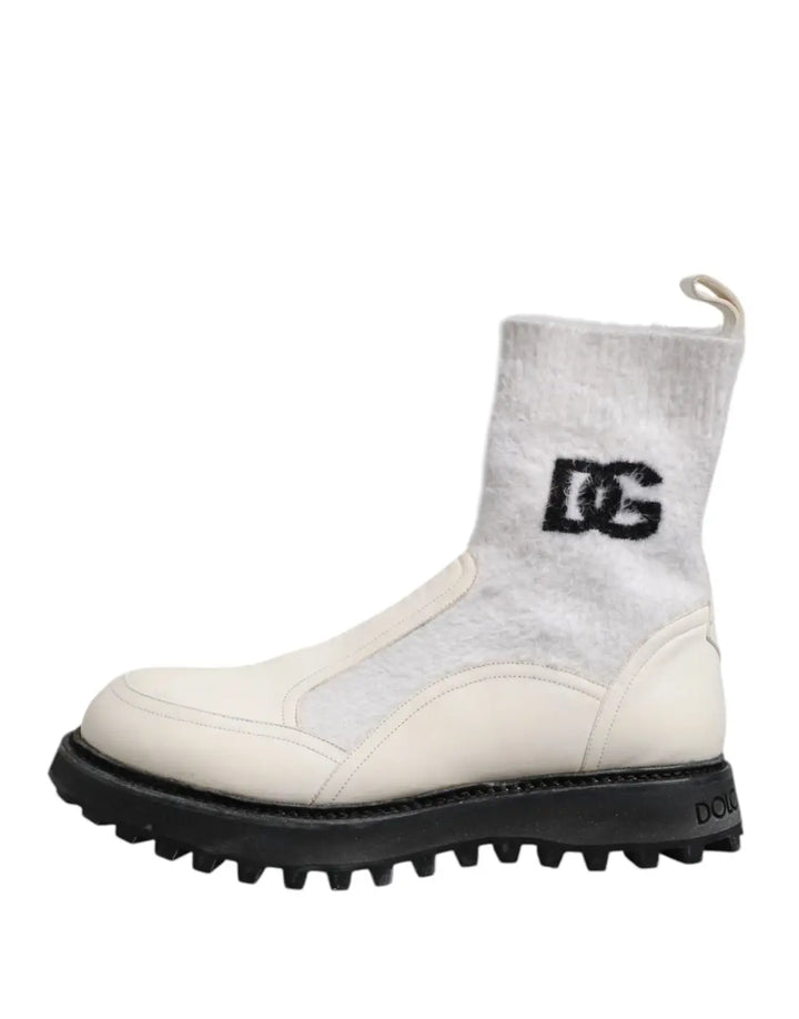 Dolce &amp; Gabbana White Beige DG Logo Mid Calf Boots Shoes