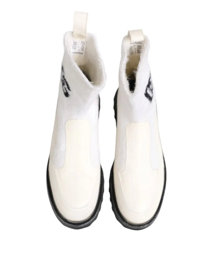 Dolce &amp; Gabbana White Beige DG Logo Mid Calf Boots Shoes