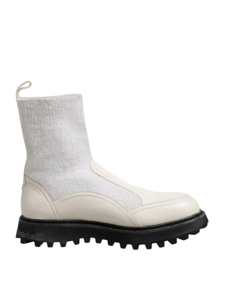 Dolce &amp; Gabbana White Beige DG Logo Mid Calf Boots Shoes