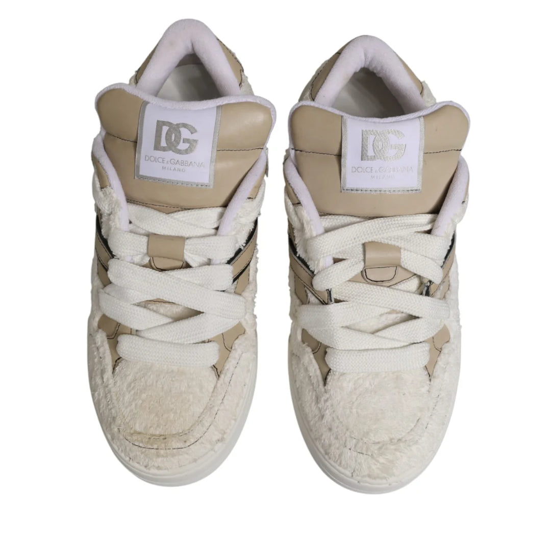Dolce &amp; Gabbana White Beige Faux Shearling Low Top Sneakers Shoes