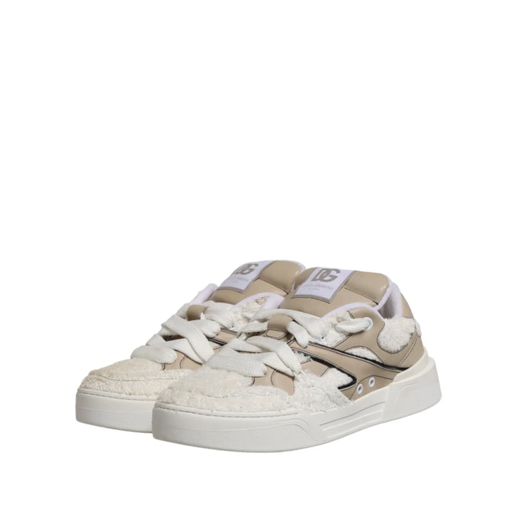 Dolce &amp; Gabbana White Beige Faux Shearling Low Top Sneakers Shoes
