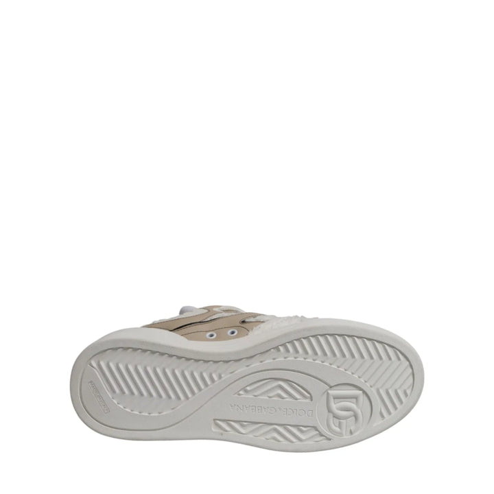 Dolce &amp; Gabbana White Beige Faux Shearling Low Top Sneakers Shoes