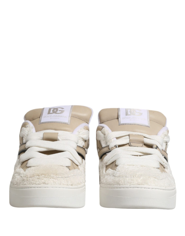 Dolce &amp; Gabbana White Beige Faux Shearling Low Top Sneakers Shoes