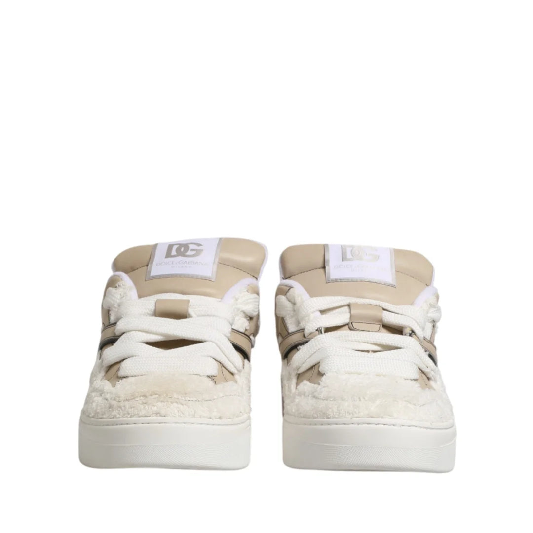 Dolce &amp; Gabbana White Beige Faux Shearling Low Top Sneakers Shoes